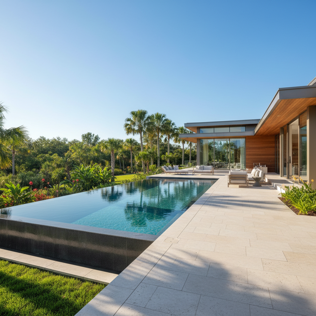 Luxury finished pool with tropical landscaping β New Smyrna Beach