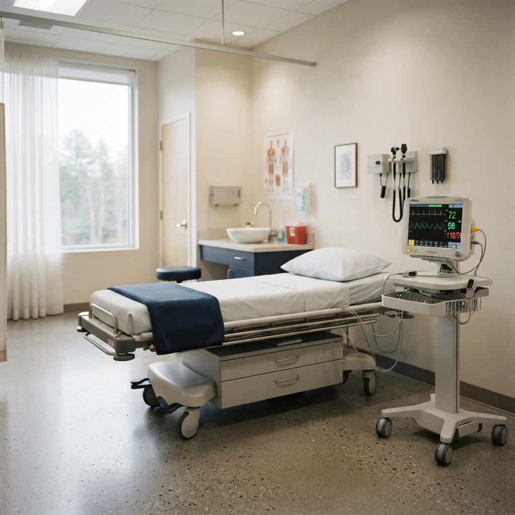 Medical stretcher and heart rate monitor in a modern clinic