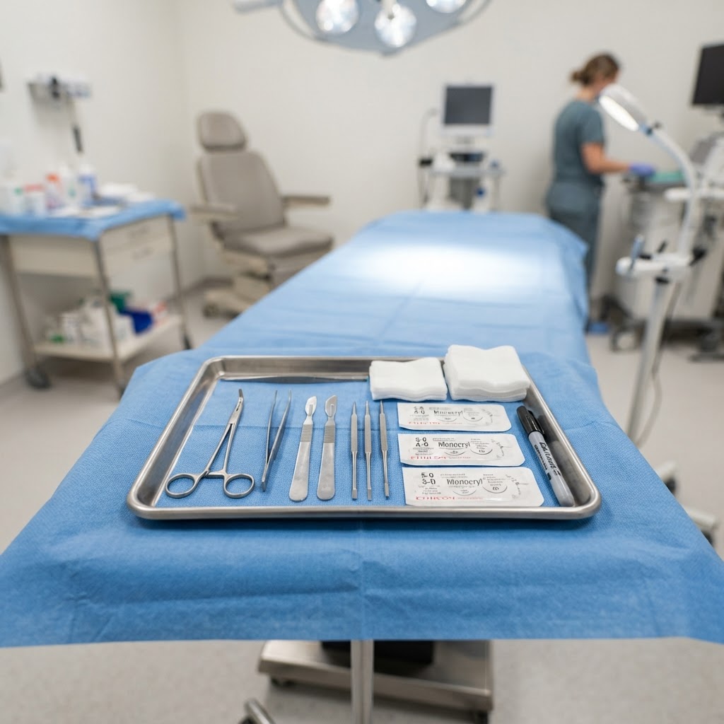 Sterile surgical instruments on a tray at The Rudd Clinic