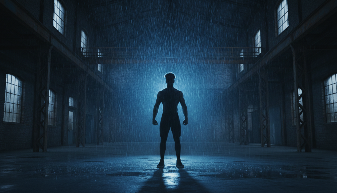 Silhouette of trainer in warehouse gym with blue lighting