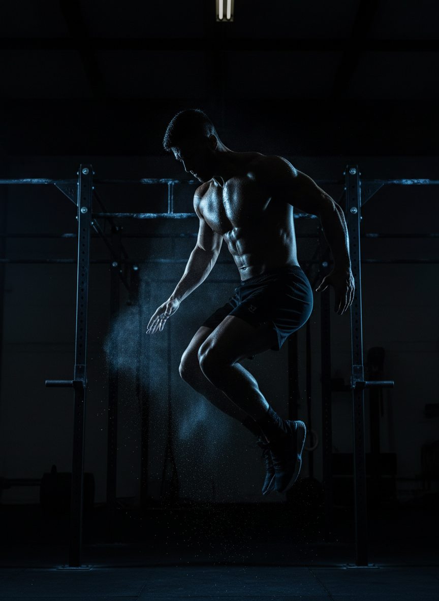 Athlete in motion with dramatic blue rim lighting