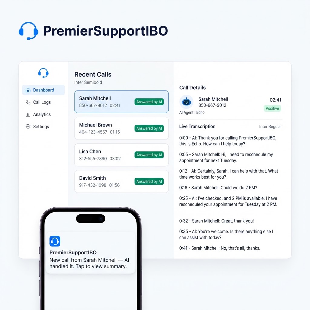 PremierSupportIBO AI Receptionist dashboard