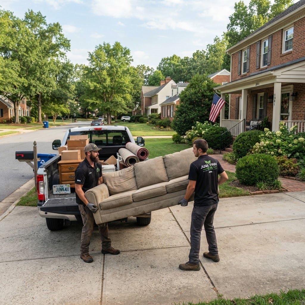 Professional junk removal crew loading furniture from a Virginia home