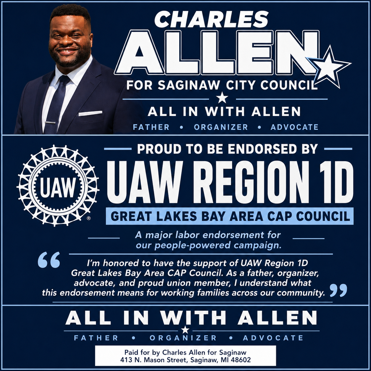 UAW Region 1D Great Lakes Bay Area CAP Council endorsement