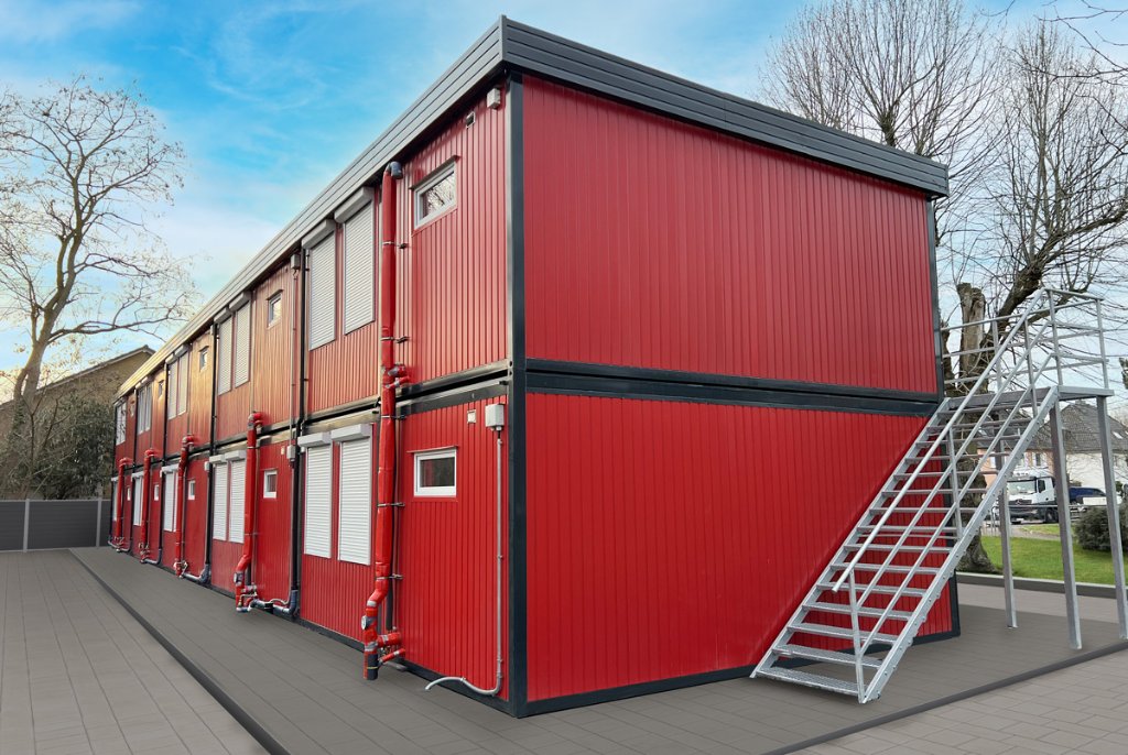 Gebrauchter Wohncontainer in roter Ausführung