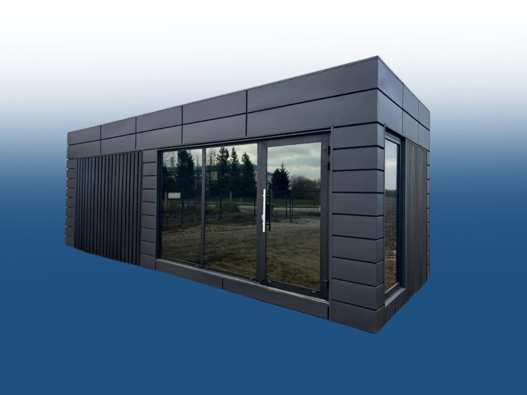 Moderner Wohncontainer mit Glasfront und Holzverkleidung