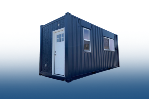 Bürocontainer in Dunkelblau – Außenansicht