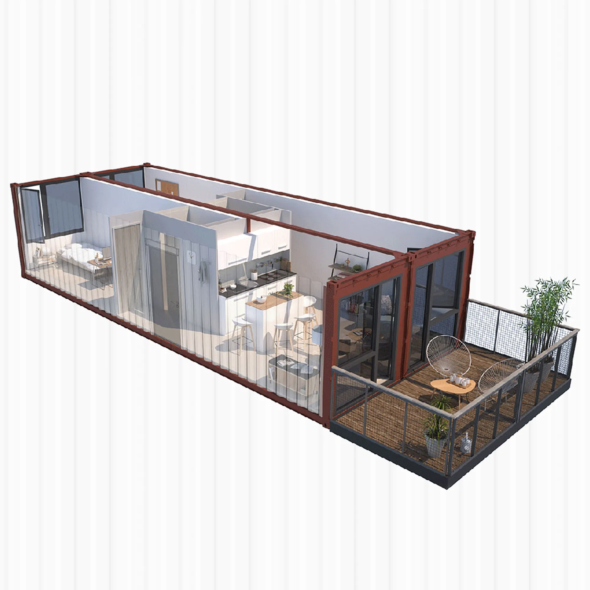 3D-Grundriss eines Wohncontainers mit Küche, Bad und Wohnbereich