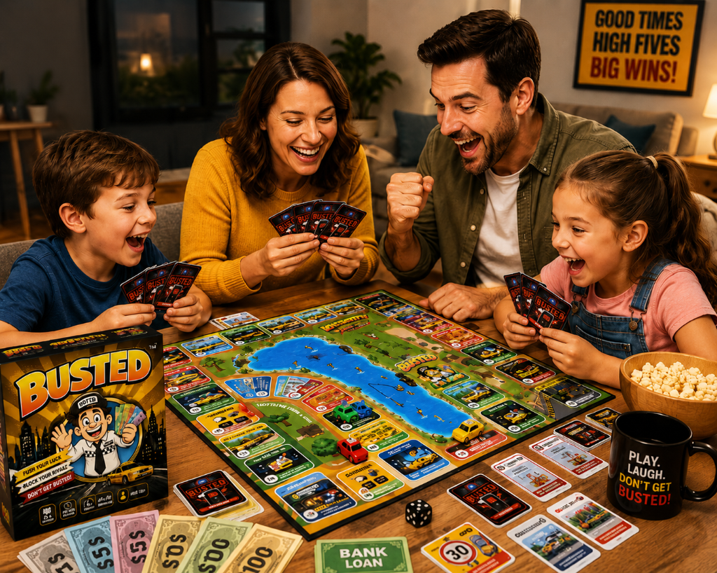 Family playing BUSTED™ board game