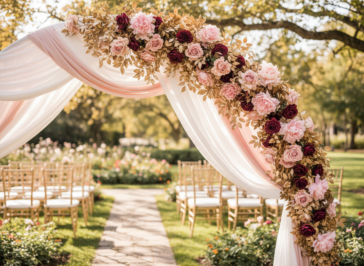 Elegant wedding ceremony arch with flowers
