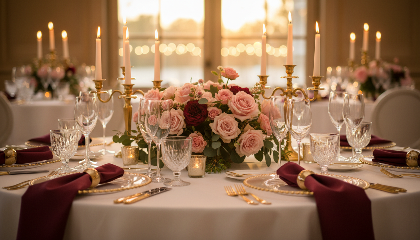 Luxury event table setting with burgundy and gold decor