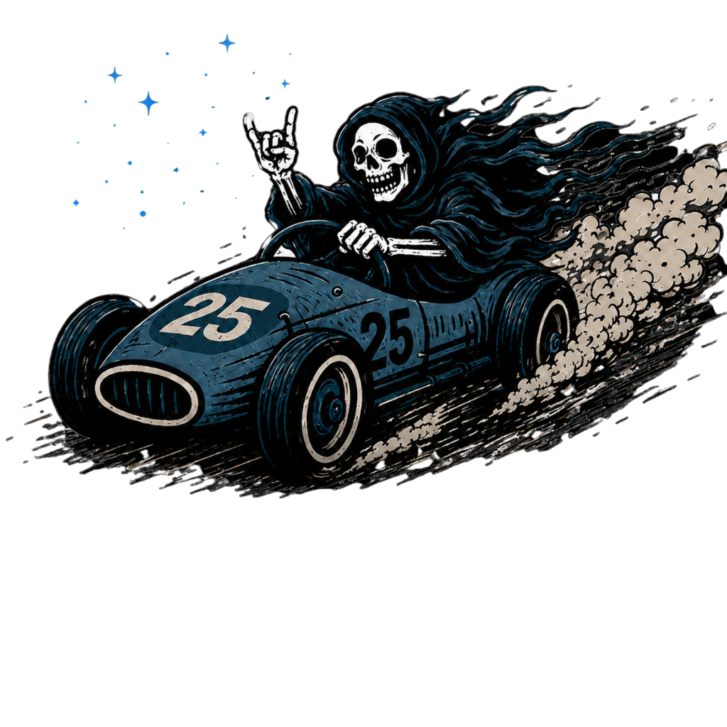 Hooded skeleton racing a blue vintage car