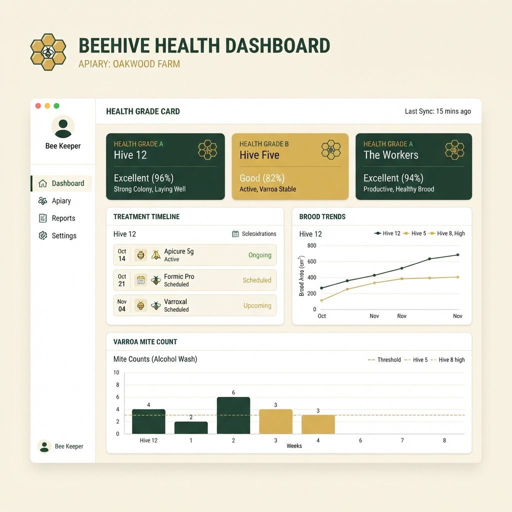 Hive health dashboard showing health findings, disease tracking, and diagnostic tests