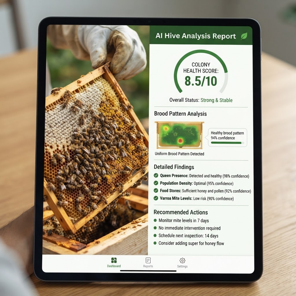 AI Apiarist analyzing frame photos with colony history and treatment context