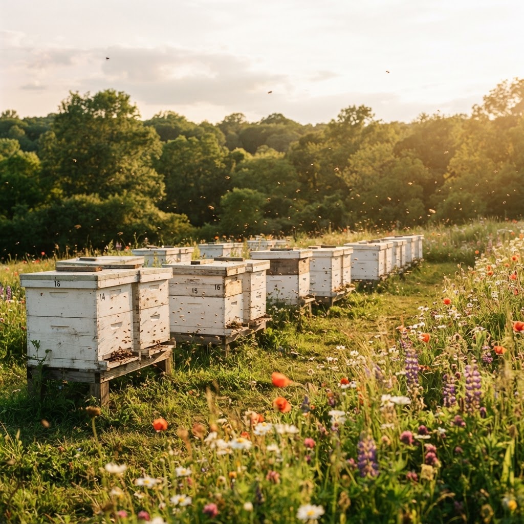 Sunlit apiary meadow with beehives and wildflowers — ColonyIQ manages every colony