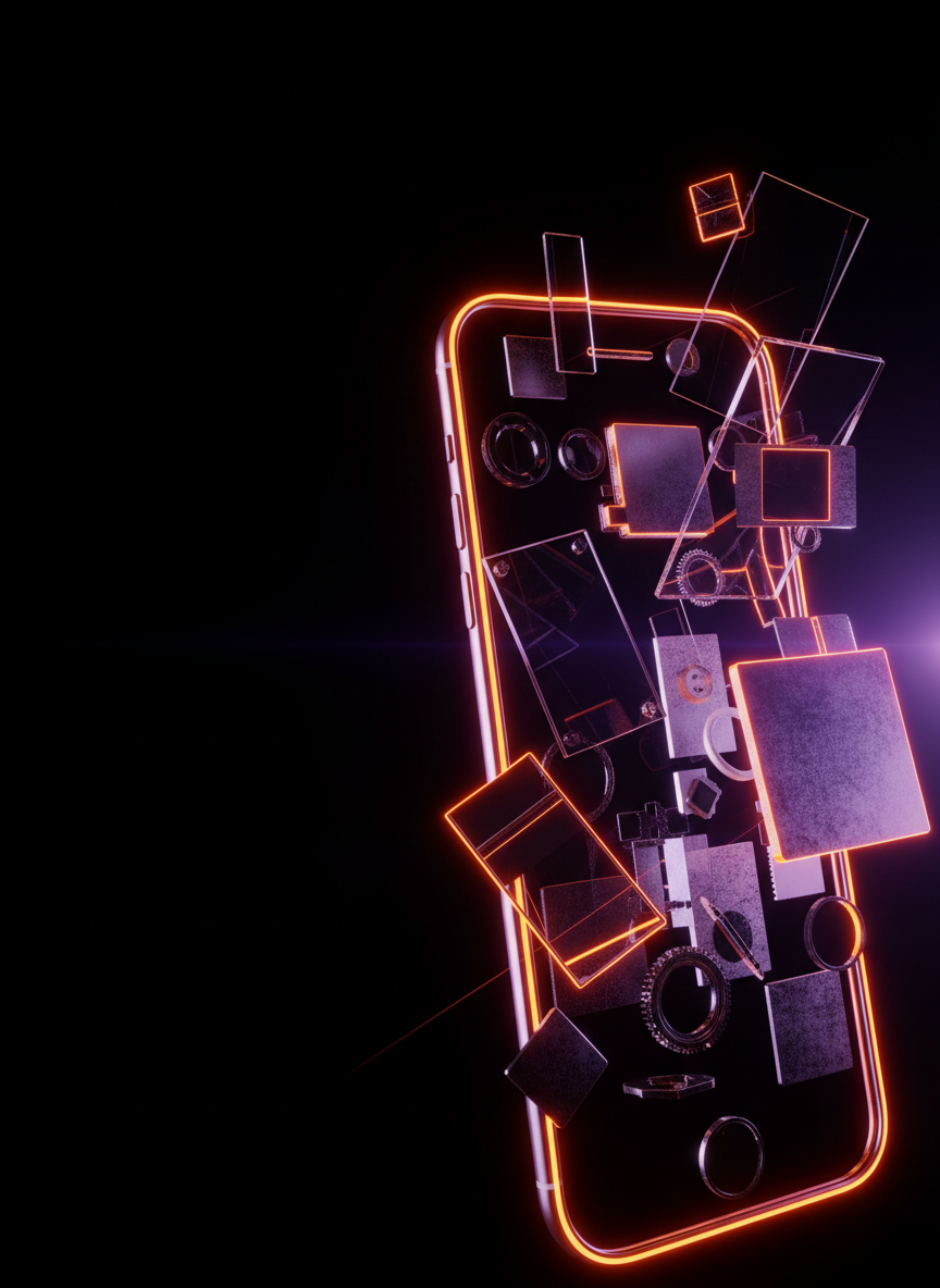 Abstract 3D visualization of mobile app architecture with glass and titanium components