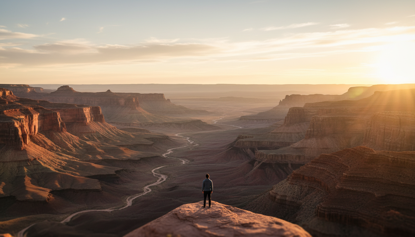 Person overlooking vast horizon at golden hour