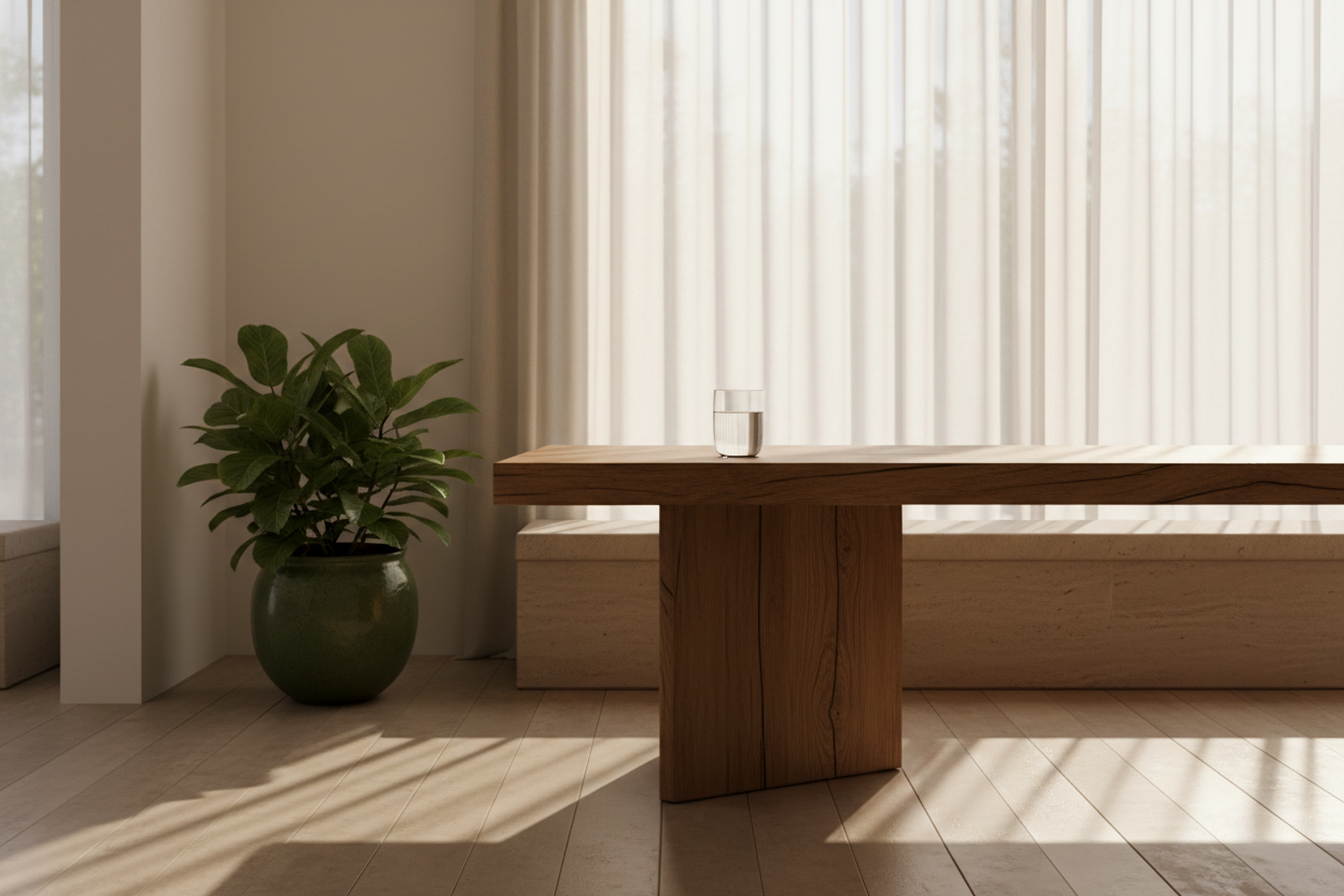 Serene minimalist space representing inner calm and luxury
