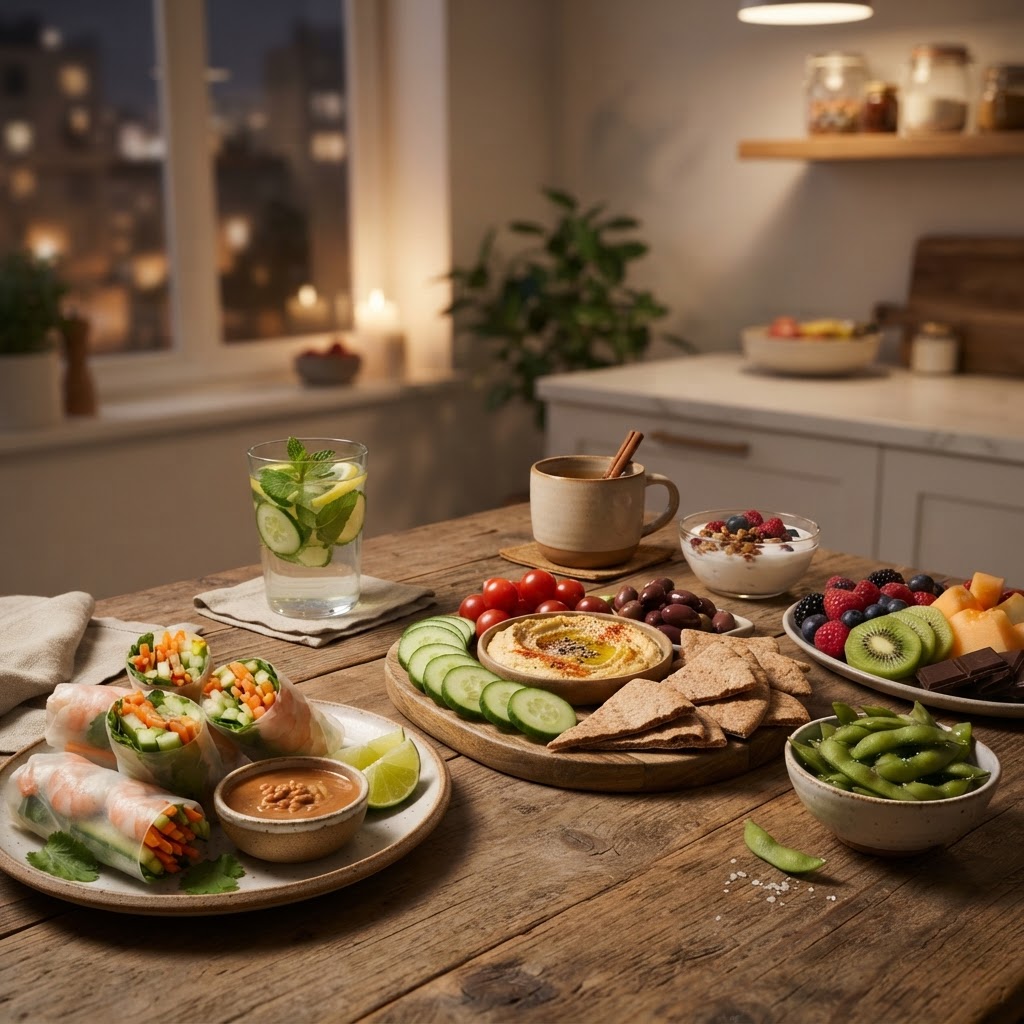 Please generate an image of some healthy midnight snack options! Use a light background! Please feature multiple dishes in multiple cuisines!