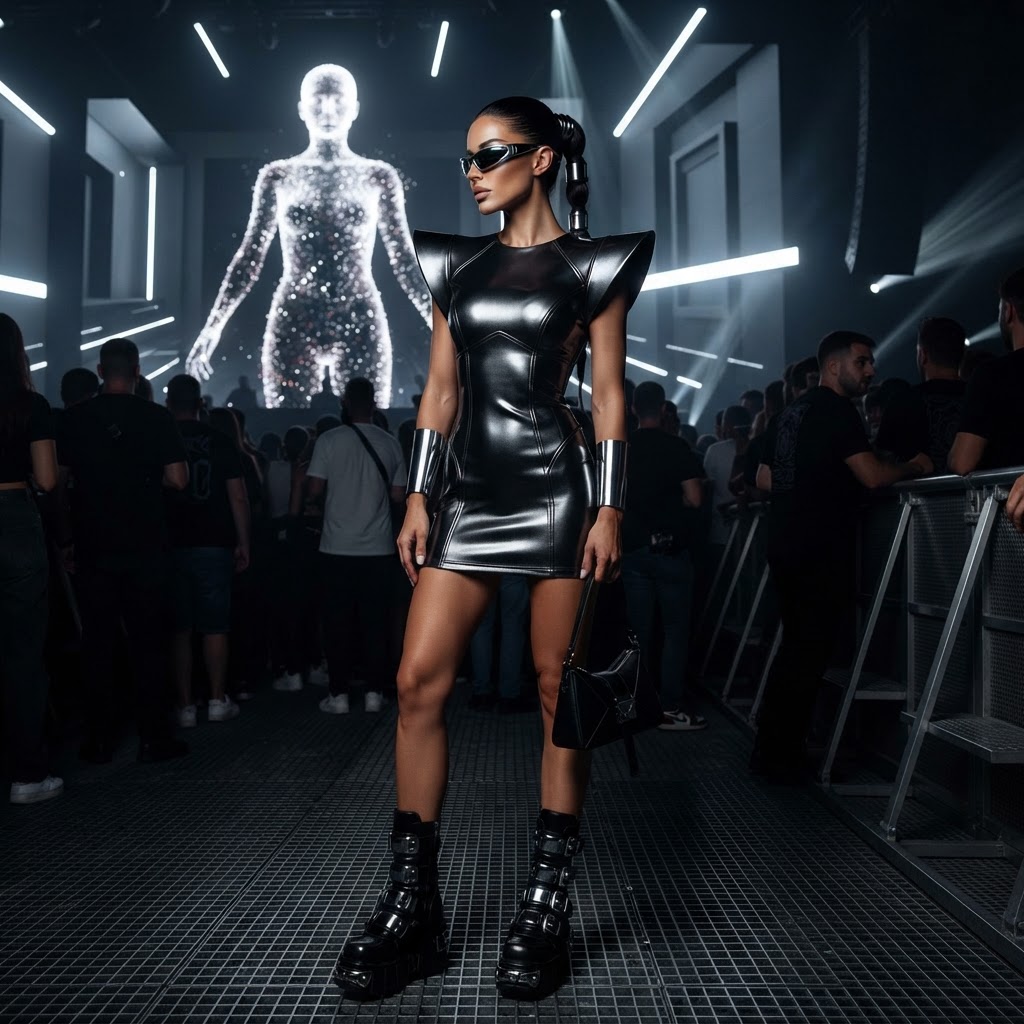 Please generate an image showing a completely different outfit idea I should wear to anyma featuring a differentshort dress