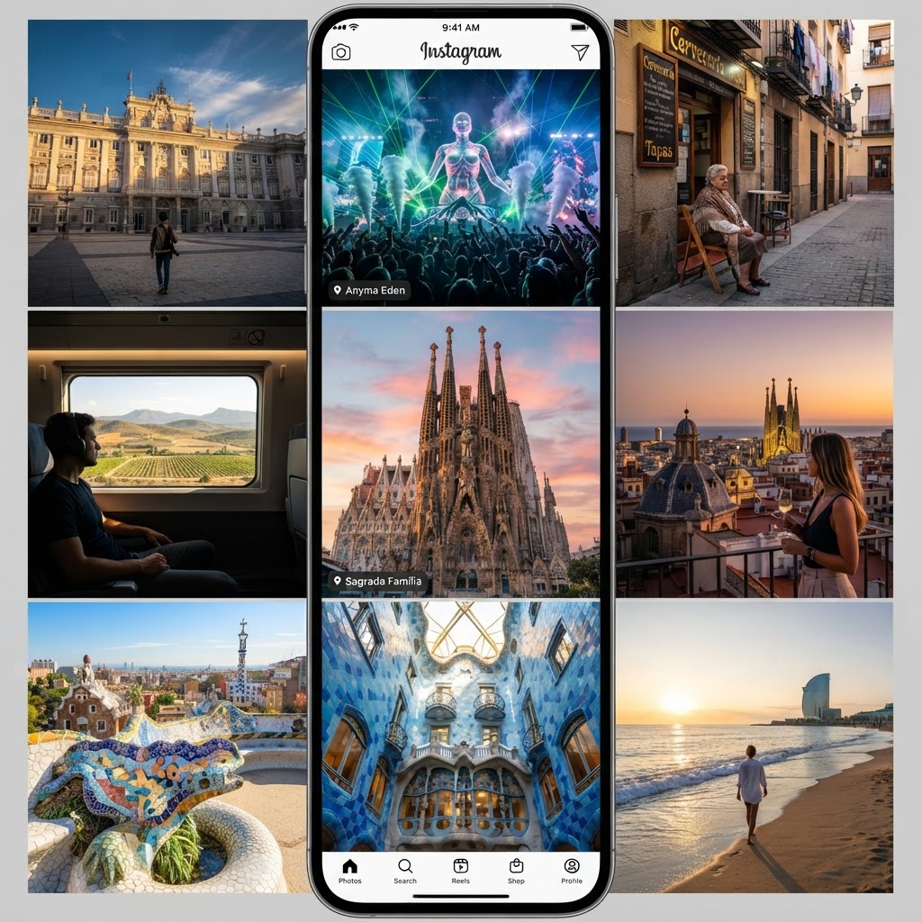 I’ll be in Madrid from 9/24-9/28 and in Barcelona from 9/28-10/3. I’ll be attending Anyma Eden tour in Madrid on 9/26. I want to post something on Instagram that will make my posts go viral. You are a professional social media marketer. Please provide a list of 8 ideas of what I should post to go viral that doesn’t involve me performing on the streets. I want to post something that no one has ever really done. I’ll also be touring the Madrid royal palace, Sagrada Família, and Casa Batllo! I’ll also be attending Anyma Eden tour in Madrid! Please generate anotber 9-grid image of these post ideas without distortions!!