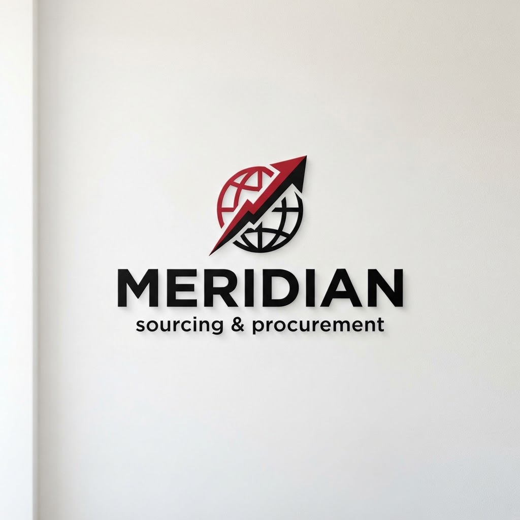Not bad. Please generate another image of this logo using the word “Meridian” and “sourcing & procurement” without misspellings and distortions!! This logo must not look outdated and los budget!! Use the colors red, white and black and use a different font.