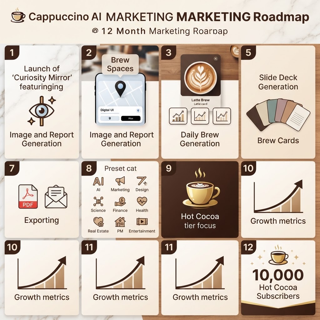 You are a professional social media content manager. Cappuccino AI must have a visually stunning, warm, and cozy Instagram feed. Please generate an infographic image of a 12-month Instagram growth marketing roadmap to acquire 10,000 "Hot Cocoa" subscribers. I plan to include some of Cappuccino AI's core features: The Curiosity Mirror where the AI model studies and detects users search behaviors, the Brew Spaces where pinned responses are saved, the Daily brew drink card that generates a different drink for every user everyday, image and report generation, slide deck generation, Brew Card in 8 different colors where responses can be generated into a brew card that acts like a memo, export conversation via email or as a PDF, eleven preset prompt categories (AI & tech, marketing, design, travel, science, finance, health & wellness, dating & relationships, real estate, project management, entertainment) Please generate an image of this without any distortions and misspellings!! This should be visually heavy with fewer words! Design this in a two-row-6-column calendar layout!