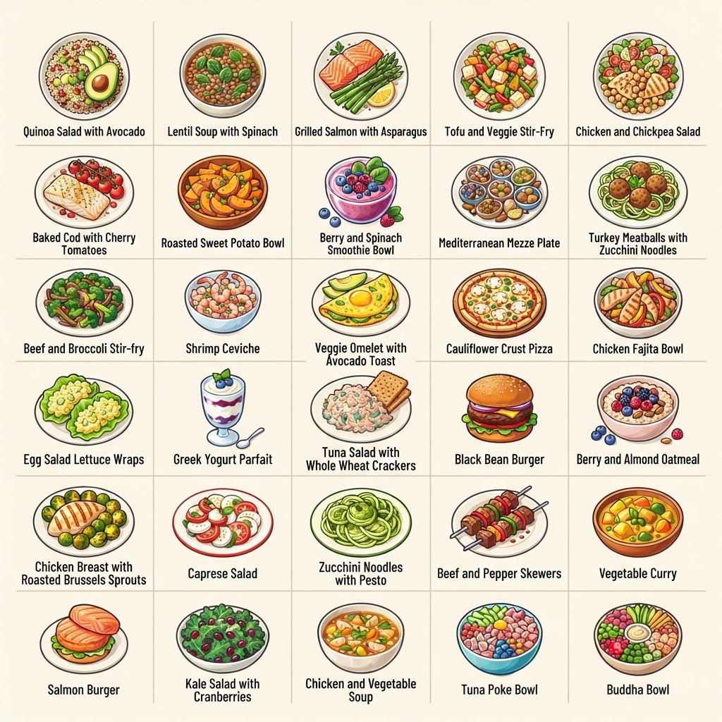 Please generate another visually striking infographic image featuring different 30 healthy meals in a grid layout. No distortions or misspellings! Use a light background. Do not include any words or texts, only the meals!