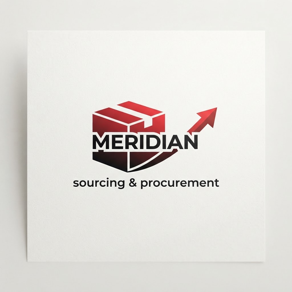 Not bad. Please generate another image of this logo using the word “Meridian” and “sourcing & procurement” without misspellings and distortions!! This logo must be creative and not look outdated and los budget!! Use the colors red, white and black and use a different font. Use a packaging cargo box icon and an arrow icon. This logo must immediately communicate that it is a modern and highly efficient company!! Put the graphical icons in the left and the words on the right. Utilize some negative space and make it extremely professional! The word “meridian” and be inside the earth/globe icon somewhere. “Sourcing & Procurement” goes below the cargo box, not curved. There should just be the box icon with the word “meridian” in all caps center justified on it and “sourcing & procurement” below the cargo box and arrow. Do not use a globe!!! This word “meridian” goes in the red and black gradient cargo box in all white like a negative space