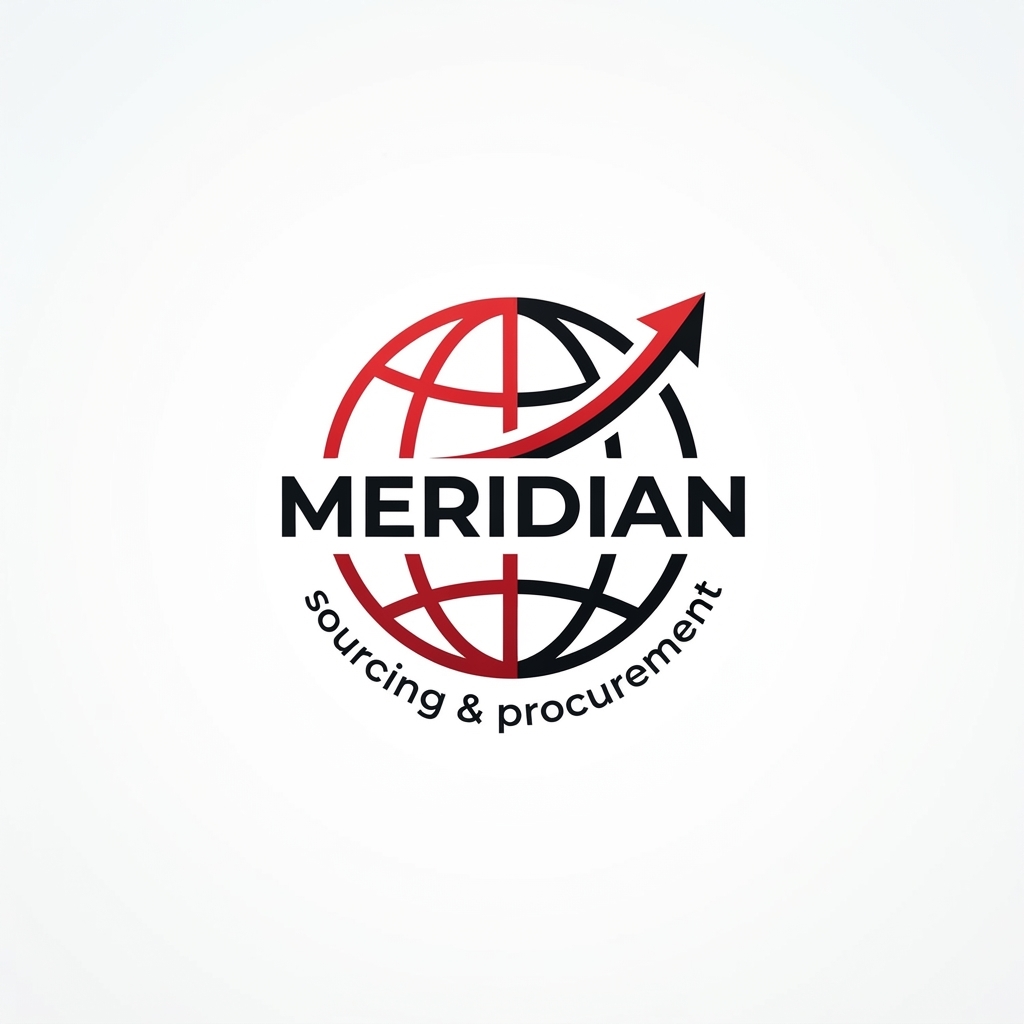 Not bad. Please generate another image of this logo using the word “Meridian” and “sourcing & procurement” without misspellings and distortions!! This logo must be creative and not look outdated and los budget!! Use the colors red, white and black and use a different font. Use an earth icon, and an arrow icon. This logo must immediately communicate that it is a modern and highly efficient company!! Put the graphical icons in the left and the words on the right. Utilize some negative space and make it extremely professional! The word “meridian” and be inside the earth/globe icon somewhere. “Sourcing & Procurement” goes below the glove and curved. There should just be the globe with the word “meridian” in all caps center justified on it and “sourcing & procurement” below the globe and curved