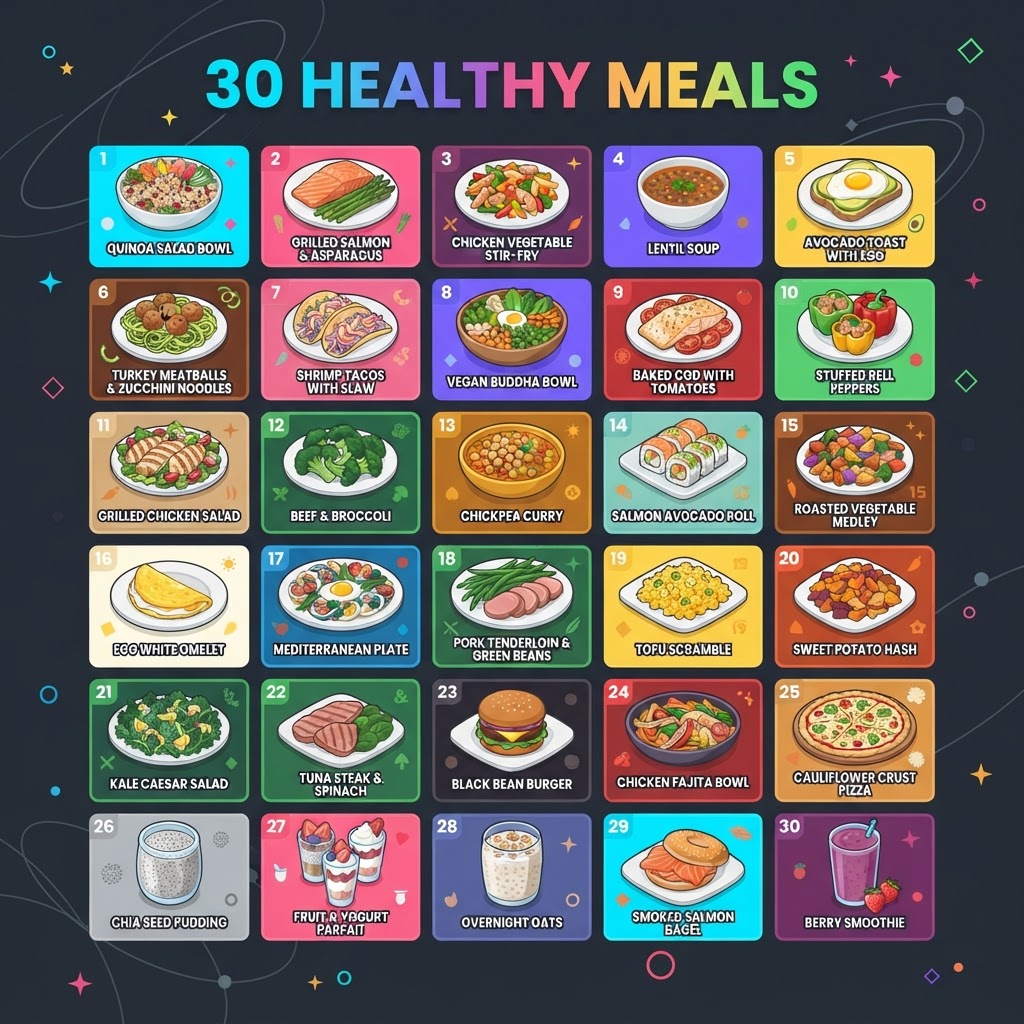 Please generate a visually striking infographic image featuring 30 healthy meals in a grid layout. No distortions or misspellings!