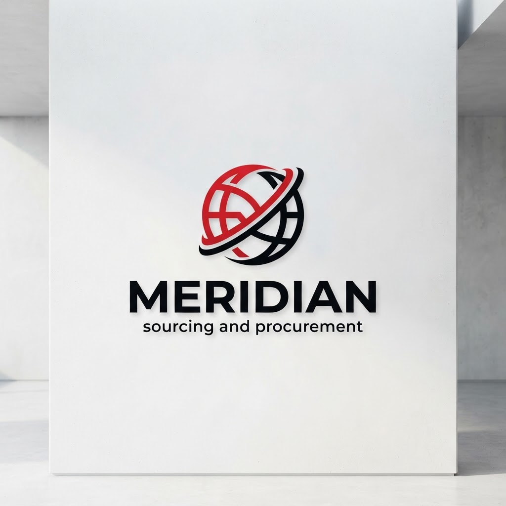 A friend of mine is starting a sourcing and procurement company called Meridian, that imports and exports goods and products from Taiwan to Israel. She wants the logo of the company to be clean, future-forward, visually appealing, modern, with the colors black, white and red. The logo has to capture the audience, attract more customers, and it must not look outdated and low budget like a logo from the 1950s. The attached image is the logo that she is unsatisfied with. You are a professional sourcing and procurement logo designer. Please generate an image of this logo without any distortions and misspellings! Include the name of the company “Meridian” with the words “sourcing and procurement”