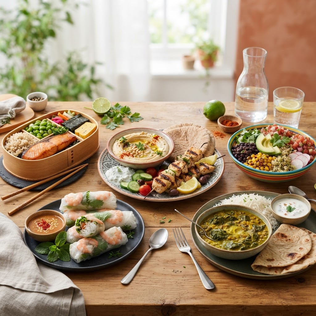Please generate a visually striking image of some healthy meal options! Use a light background! Please feature multiple dishes from multiple cuisines and cultures!
