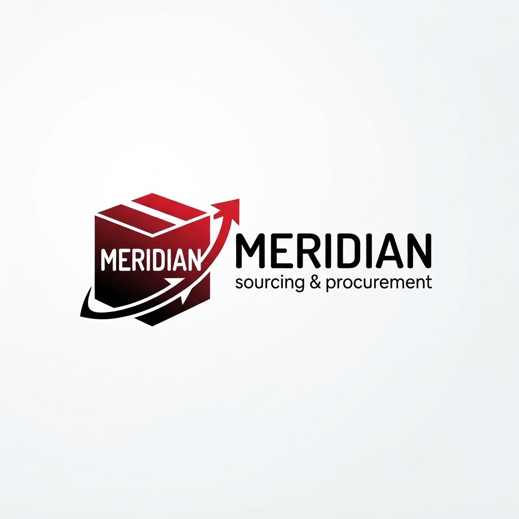 Please generate another image of this logo using the word “Meridian” and “sourcing & procurement” without misspellings and distortions!! This logo must be creative and not look outdated and los budget!! Use the colors red, white and black and use a different font. Use a packaging cargo box icon and an arrow icon. This logo must immediately communicate that it is a modern and highly efficient company!! Put the graphical icons in the left and the words on the right. Utilize some negative space and make it extremely professional! The word “meridian” and be inside the earth/globe icon somewhere. “Sourcing & Procurement” goes below the cargo box, not curved. There should just be the box icon with the word “meridian” in all caps center justified on it and “sourcing & procurement” below the cargo box and arrow. Do not use a globe!!! This word “meridian” goes in the red and black gradient cargo box in all white like a negative space. The arrow should follow the shape of the box and not covering the words
