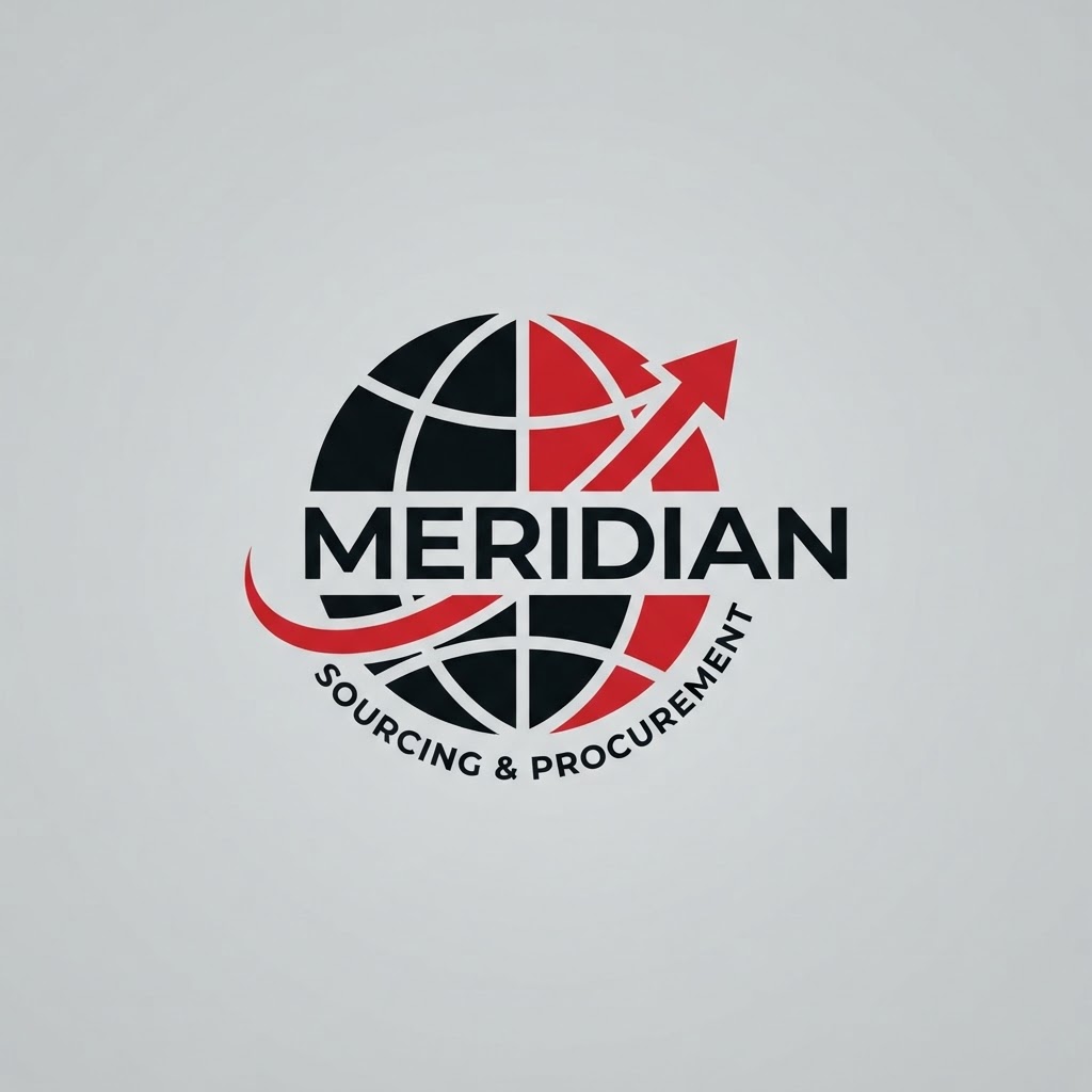 Not bad. Please generate another image of this logo using the word “Meridian” and “sourcing & procurement” without misspellings and distortions!! This logo must be creative and not look outdated and los budget!! Use the colors red, white and black and use a different font. Use an earth icon, and an arrow icon. This logo must immediately communicate that it is a modern and highly efficient company!! Put the graphical icons in the left and the words on the right. Utilize some negative space and make it extremely professional! The word “meridian” and be inside the earth/globe icon somewhere. “Sourcing & Procurement” goes below the glove and curved. There should just be the globe with the word “meridian” on it and “sourcing & procurement” below the globe and curved