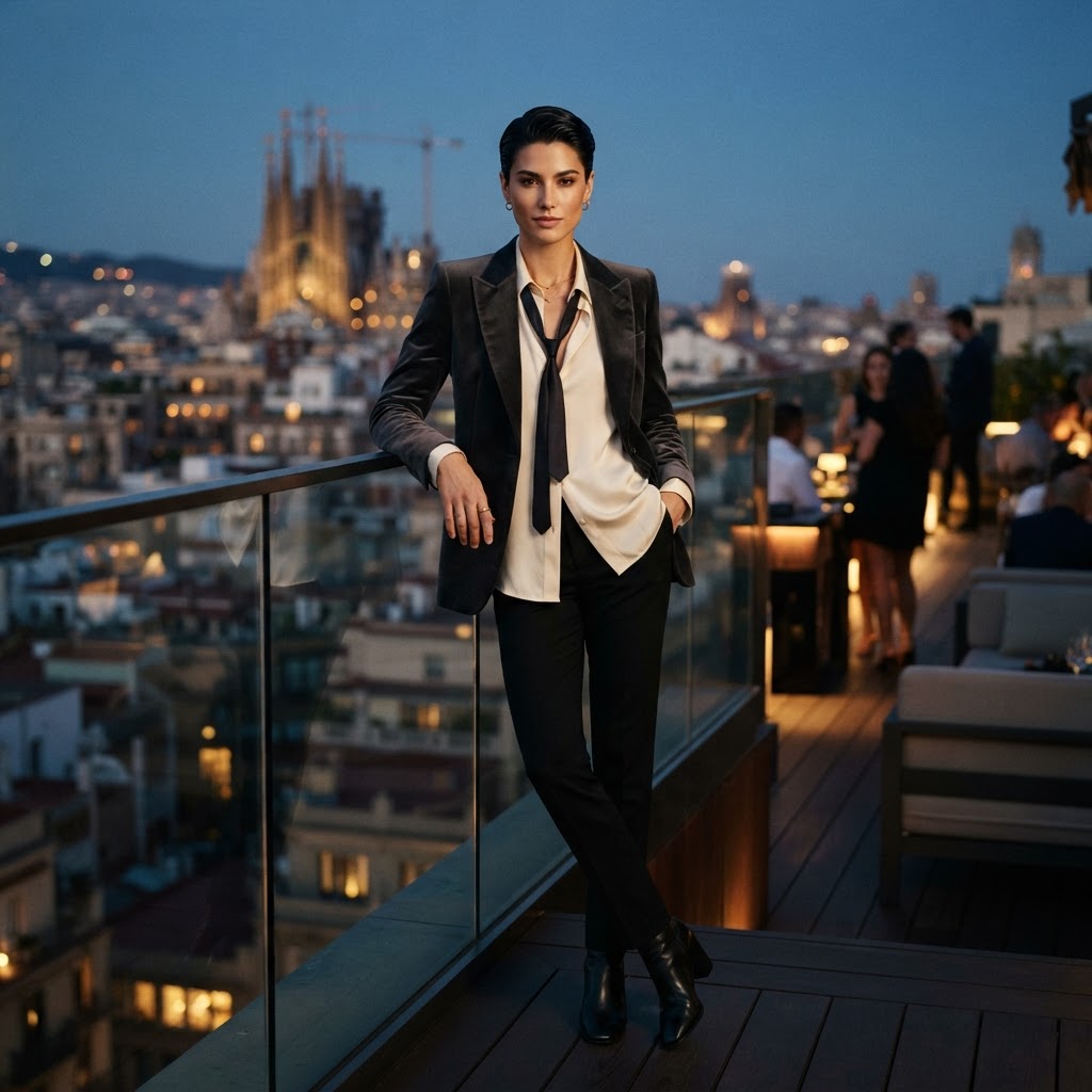 I want to dress unisex/gender neutral with a blazer, blouse, and a tie because I believe people can be sexy in clothes. However, I don't want to look too masculine. You are a professional stylist. Please generate an image of what I should or could wear at these upscale places! No distortions in the image!