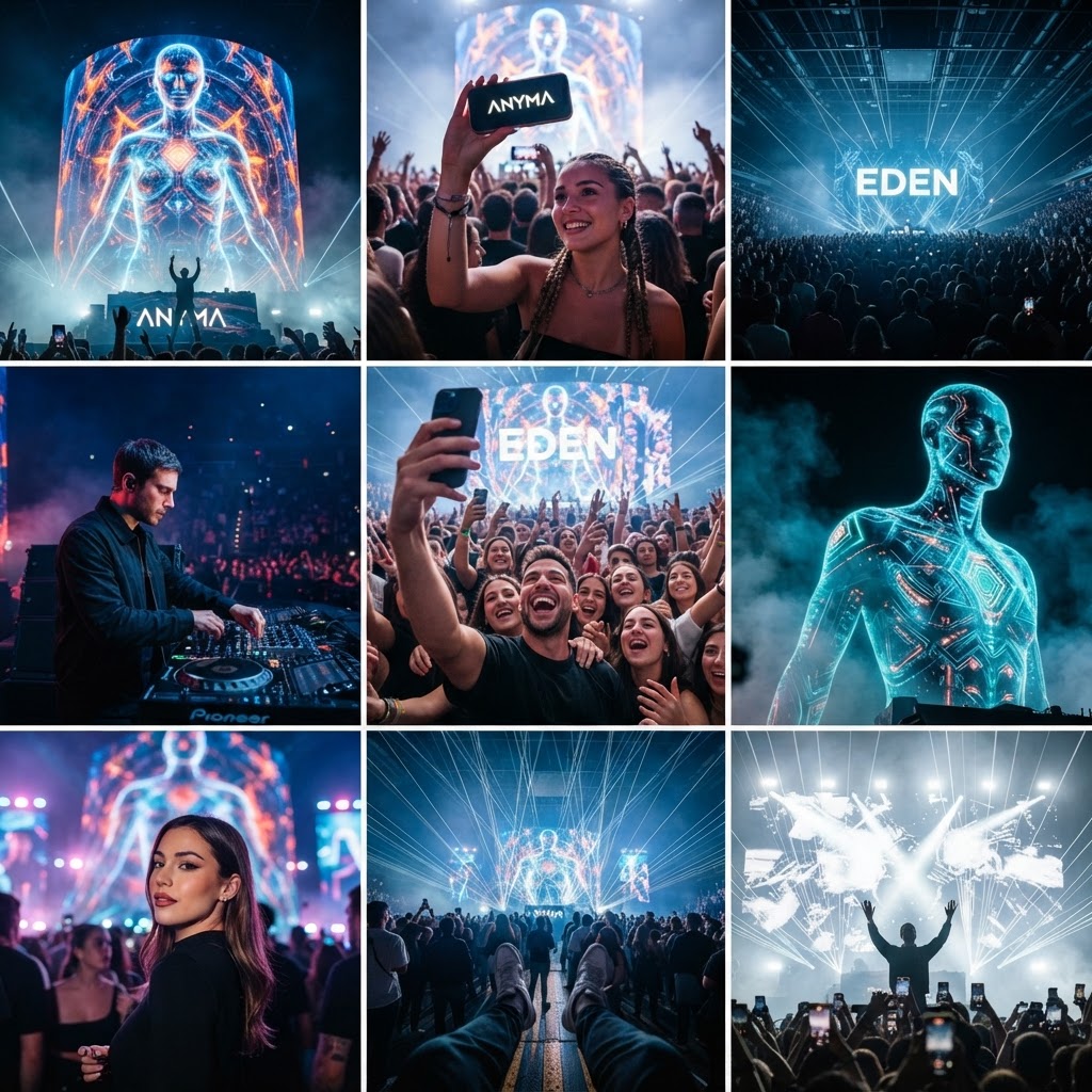 Please generate another 9-grid image of different post ideas for what I should post of the Anyma Eden tour in Madrid featuring the stage, the visuals, selfies without distortions!! Feature some creative selfie ideas as well!