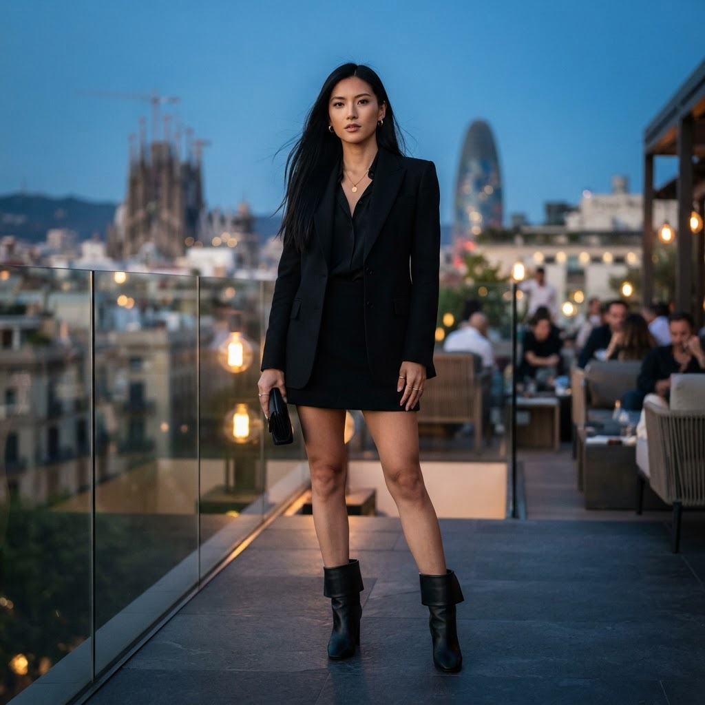 I am a Taiwanese American with long straight hair. I want to dress unisex/gender-neutral with a blazer, blouse, short black skirt, and a necklace, with some subtle gold or silver accessories and a pair of Gen z fold over boots without stockings, because I believe people can be sexy in clothes. However, I don't want to look too masculine. You are a professional stylist. Please generate an image of what I should or could wear at these upscale places! No distortions in the image!