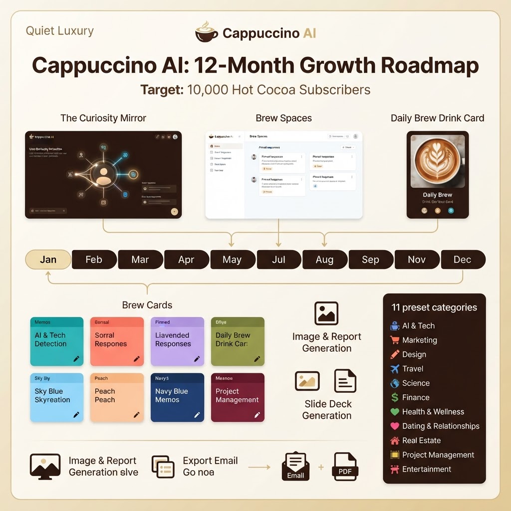 You are a professional social media content manager. Cappuccino AI must have a visually stunning and fun Instagram feed. Please generate a 12-month Instagram growth marketing roadmap to acquire 10,000 "Hot Cocoa" subscribers. I plan to include some of Cappuccino AI's core features: The Curiosity Mirror where the AI model studies and detects users search behaviors, the Brew Spaces where pinned responses are saved, the Daily brew drink card that generates a different drink for every user on a daily, image and report generation, slide deck generation, Brew Card in 8 different colors where responses can be generated into a brew card that acts like a memo, export conversation via email or as a PDF, eleven preset prompt categories (AI & tech, marketing, design, travel, science, finance, health & wellness, dating & relationships, real estate, project management, entertainment) Please generate a report of this!