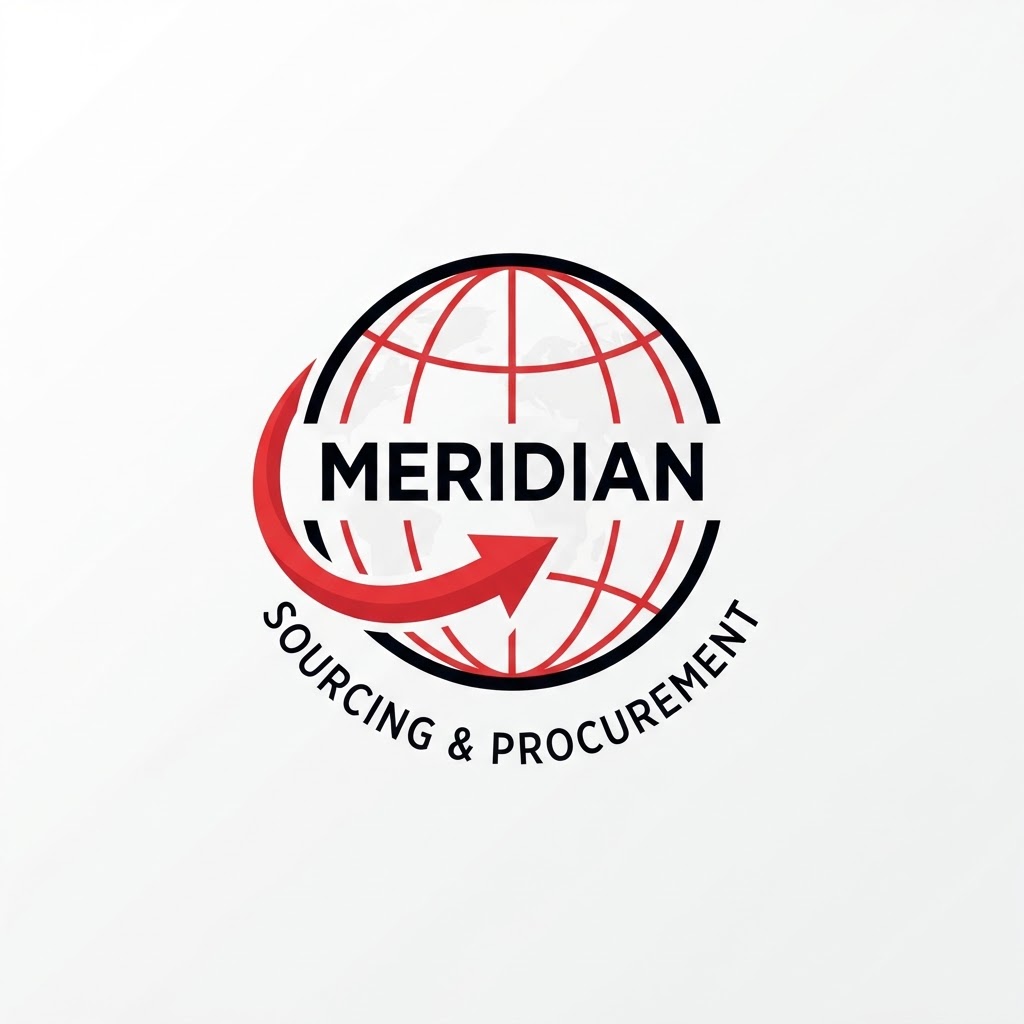 A friend of mine is starting a sourcing and procurement company called Meridian, that imports and exports goods and products from Taiwan to Israel. She wants the logo of the company to be clean, future-forward, visually appealing, modern, with the colors black, white and red. The logo has to capture the audience, attract more customers, and it must not look outdated and low budget like a logo from the 1950s. The attached image is the logo that she is unsatisfied with. You are a professional sourcing and procurement logo designer. Please generate an image of this logo without any distortions and misspellings! Include the name of the company “Meridian” with the words “sourcing and procurement”