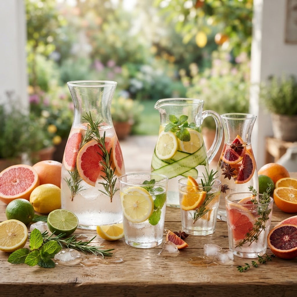 Great! Now please generate another visually striking image of all kinds of citrus water without mistakes and distortions! Do not include any words or texts! Visuals only.