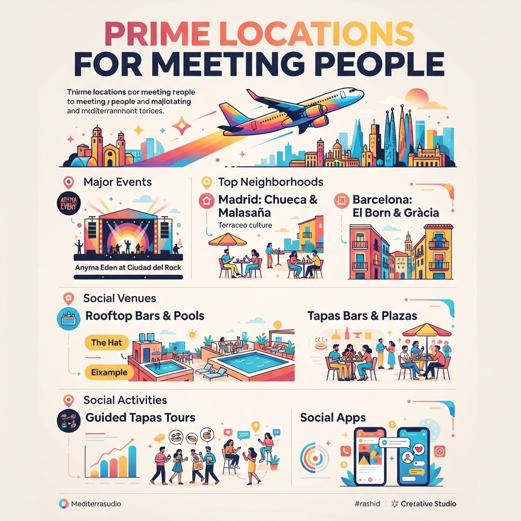 please generate a visually appealing and balanced infographic image of the Prime Locations for Meeting People without any distortions and misspellings!!
