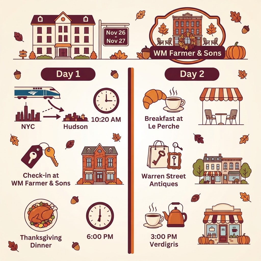 You are a professional graphic designer. Please generate a visually balanced infographic image of this Thanksgiving itinerary to Hudson, NY! No distortions or misspellings! I will be staying at the WF&S hotel!