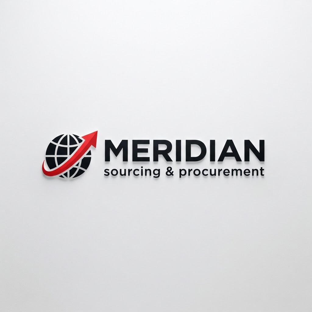 Not bad. Please generate another image of this logo using the word “Meridian” and “sourcing & procurement” without misspellings and distortions!! This logo must not look outdated and los budget!! Use the colors red, white and black and use a different font. Use the earth icon, arrow icon. This logo must immediately communicates that it is a modern and highly efficient company!! Put the graphical icons in the left and the words on the right. Design this in a horizontal layout.