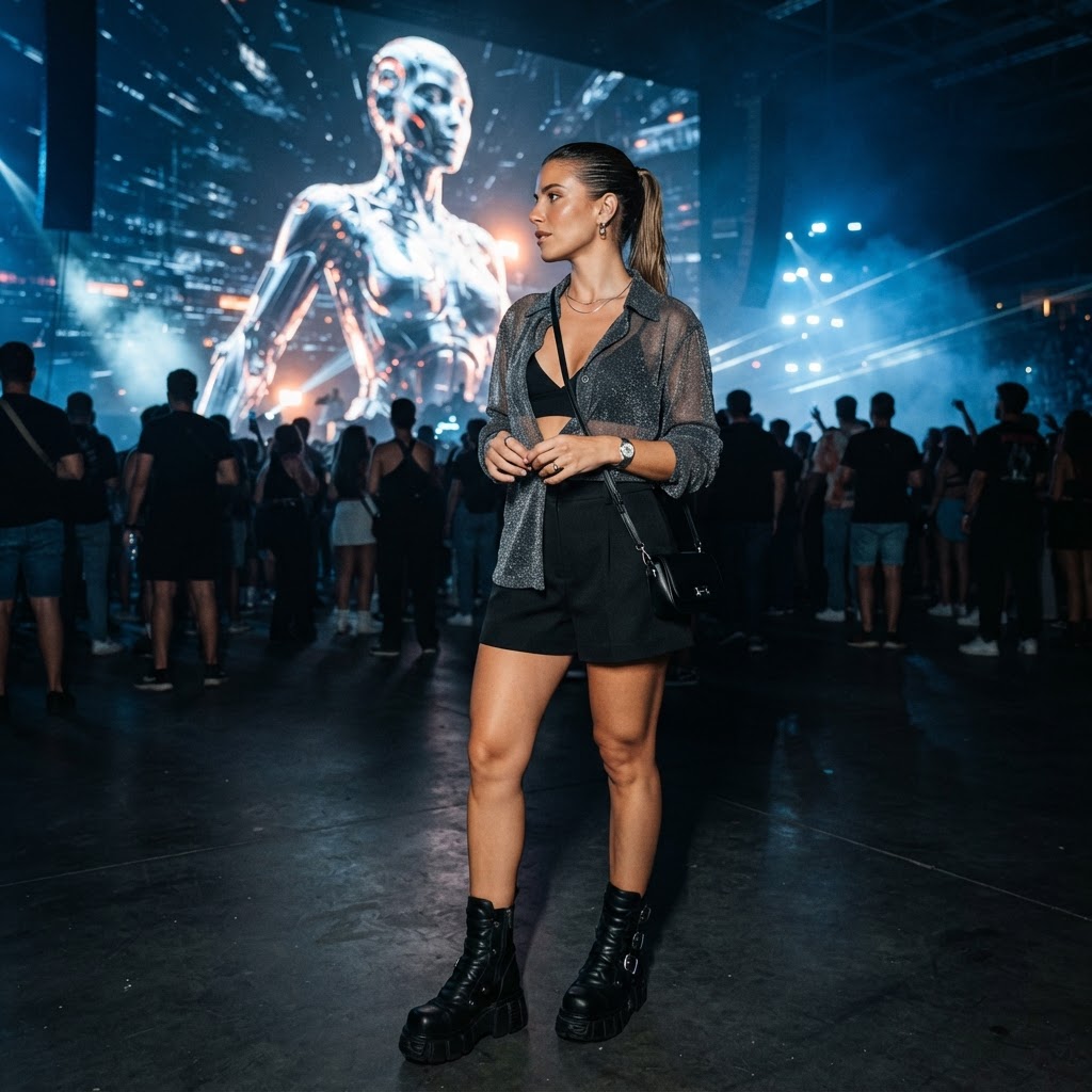 Please generate an image showing a completely different outfit I should wear to anyma!! This outfit has to be different that the ones you generated earlier!! sparkly sheer space gray buttoned blouse, black shorts, and boots