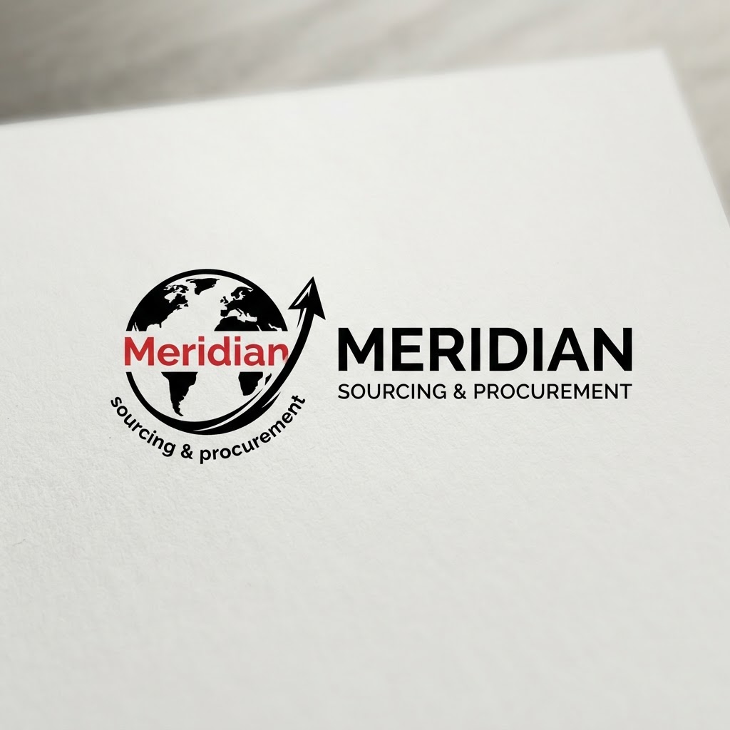 Not bad. Please generate another image of this logo using the word “Meridian” and “sourcing & procurement” without misspellings and distortions!! This logo must be creative and not look outdated and los budget!! Use the colors red, white and black and use a different font. Use an earth icon, and an arrow icon. This logo must immediately communicate that it is a modern and highly efficient company!! Put the graphical icons in the left and the words on the right. Utilize some negative space and make it extremely professional! The word “meridian” and be inside the earth/globe icon somewhere. “Sourcing & Procurement” goes below the glove and curved