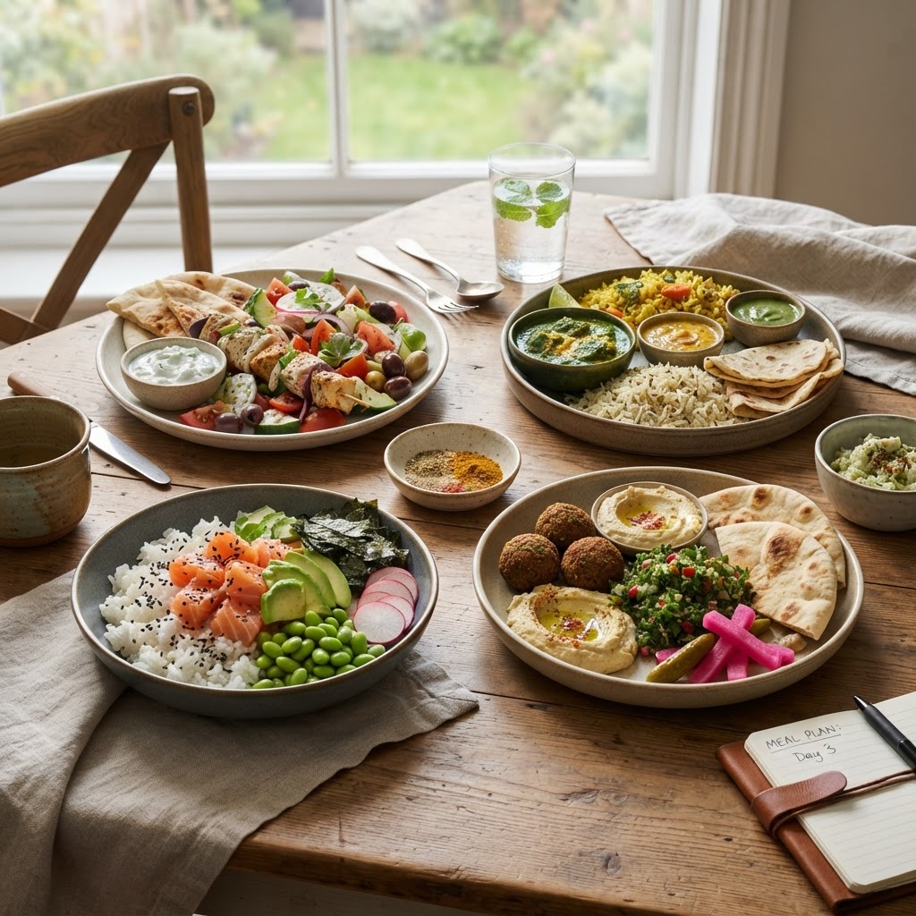 Please generate another visually striking image of a healthy meal plan! No distortions or hallucinations!! Please feature different meals or dishes such as Asian cuisine, Indian Cuisine, Greek Cuisine, and others!