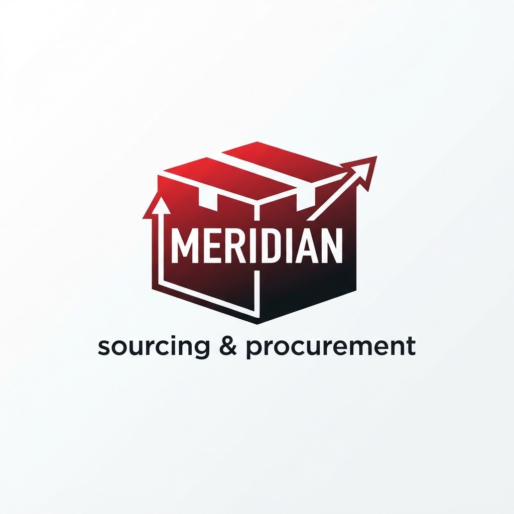 Please generate another image of this logo using the word “Meridian” and “sourcing & procurement” without misspellings and distortions!! This logo must be creative and not look outdated and los budget!! Use the colors red, white and black and use a different font. Use a packaging cargo box icon and an arrow icon. This logo must immediately communicate that it is a modern and highly efficient company!! Put the graphical icons in the left and the words on the right. Utilize some negative space and make it extremely professional! The word “meridian” and be inside the earth/globe icon somewhere. “Sourcing & Procurement” goes below the cargo box, not curved. There should just be the box icon with the word “meridian” in all caps center justified on it and “sourcing & procurement” below the cargo box and arrow. Do not use a globe!!! This word “meridian” goes in the red and black gradient cargo box in all white like a negative space. The arrow should follow the shape of the box and not covering the words