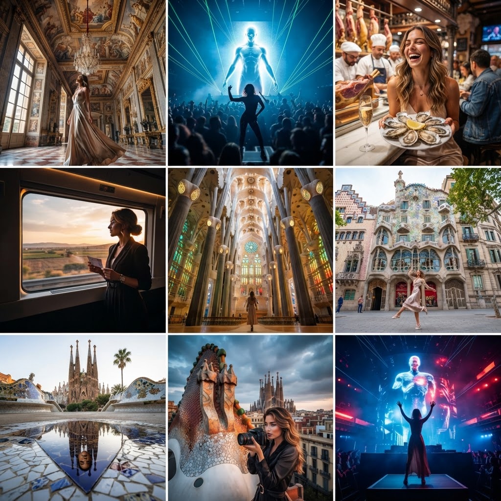 I’ll be in Madrid from 9/24-9/28 and in Barcelona from 9/28-10/3. I’ll be attending Anyma Eden tour in Madrid on 9/26. I want to post something on Instagram that will make my posts go viral. You are a professional social media marketer. Please provide a list of 8 ideas of what I should post to go viral that doesn’t involve me performing on the streets. I want to post something that no one has ever really done. I’ll also be touring the Madrid royal palace, Sagrada Família, and Casa Batllo! Please generate a 9-grid image of these post ideas without distortions!!