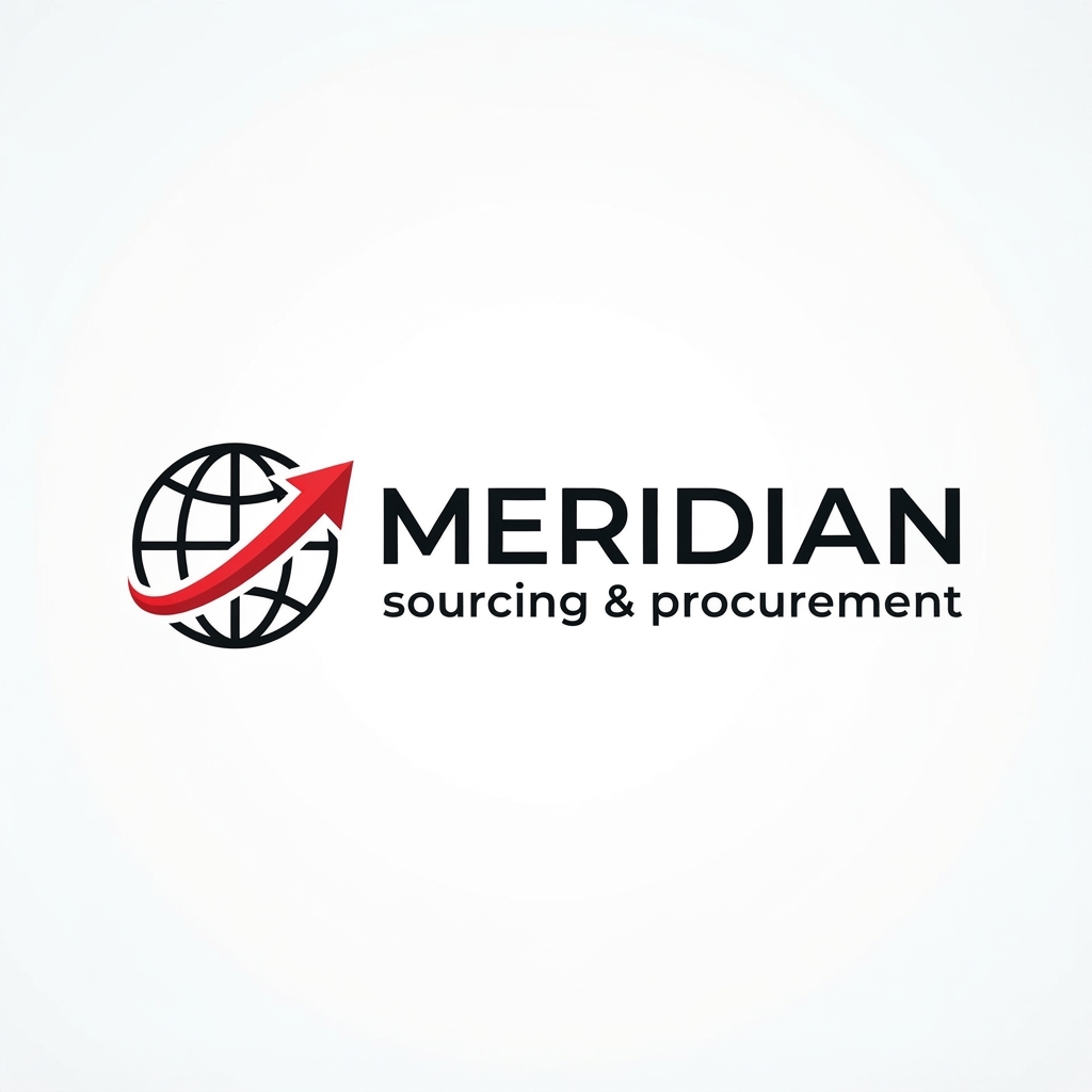 Not bad. Please generate another image of this logo using the word “Meridian” and “sourcing & procurement” without misspellings and distortions!! This logo must be creative and not look outdated and los budget!! Use the colors red, white and black and use a different font. Use an earth icon, and an arrow icon. This logo must immediately communicate that it is a modern and highly efficient company!! Put the graphical icons in the left and the words on the right. Design this in a horizontal layout. Utilize some negative space and make it extremely professional! The word “meridian” and be inside the earth/globe icon somewhere